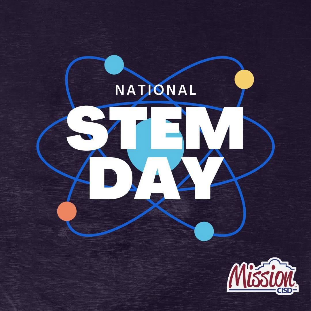 National STEM Day graphic with atomic orbit line graphics and the Mission CISD logo.